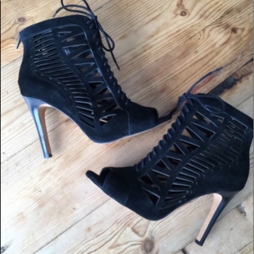 Crown Vintage Galaxy Black Suede Peep Toe Bootie